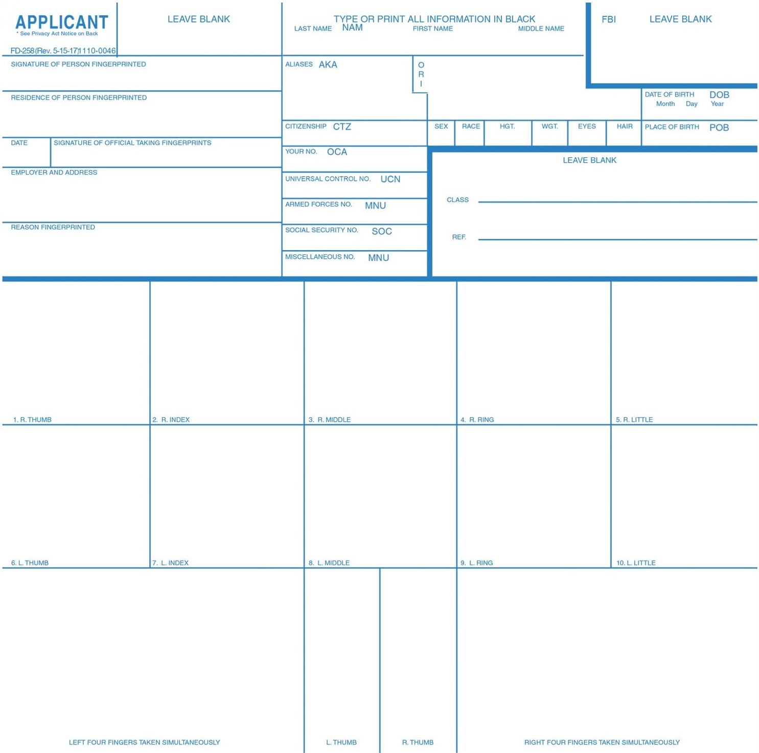 FD-258 type Fingerprint Card